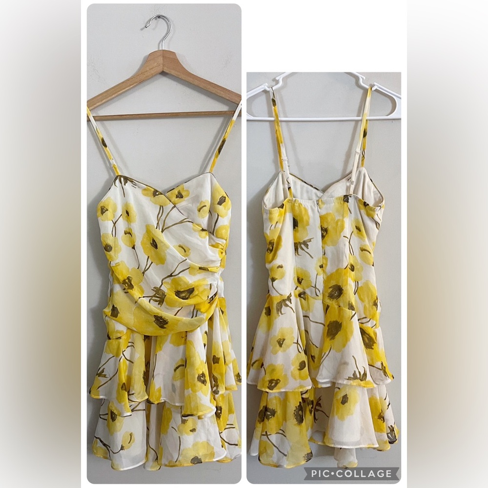 Yellow Floral Ruffle Tiered Mini Sundress Boho Fairy Cottagecore Festival Summer
